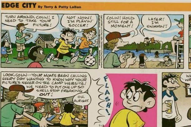 A page of comics with a boy playing soccer.