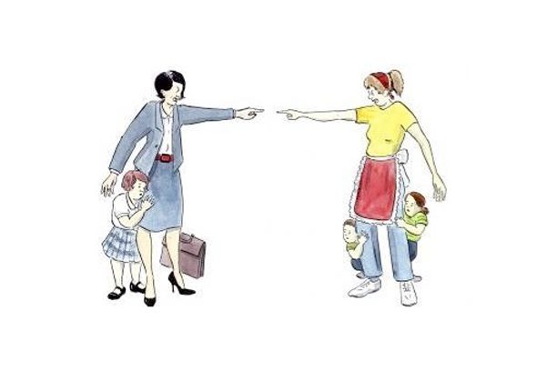A woman and child pointing at each other.