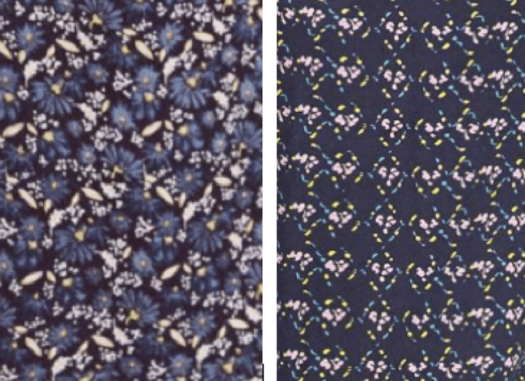 Two different patterns of flowers on a black background.